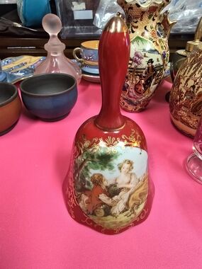 Antique R&S Decorative Red Porcelain Handpainted Hand Bell with Gold Accents 5.5